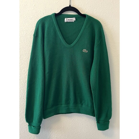 Vintage Izod Lacoste Men's Sweater Size L Green Roll Cuff V-Neck Preppy Classic - Picture 1 of 13